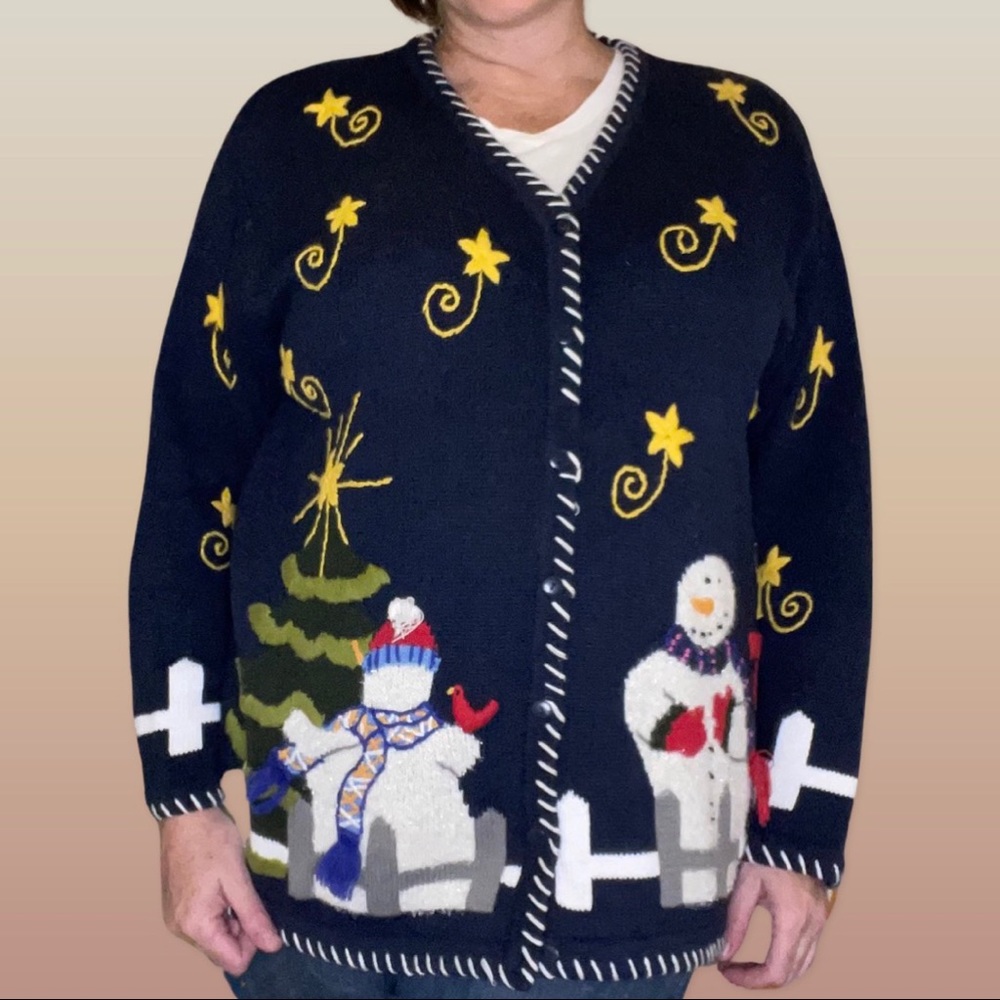Quacker Factory Navy UGLY cardigan Christmas Snowman Sweater sz 1XLarge